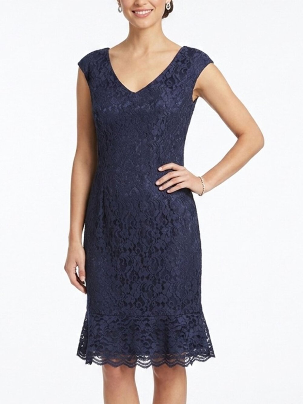 American Living Navy Blue Lace Cocktail Dress V-Scoop Neck Ruffle Flounce Hem 10
